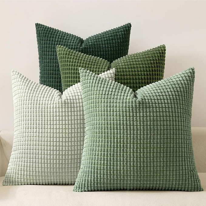 MIULEE Boho Decorative Pillow Covers 18x18 Inch Set of 4 Forest Green | Boho Farmhouse Home Decor, Modern Nordic Throw Pillow Covers, Summer Soft Corduroy for Couch Sofa Bed Living Room