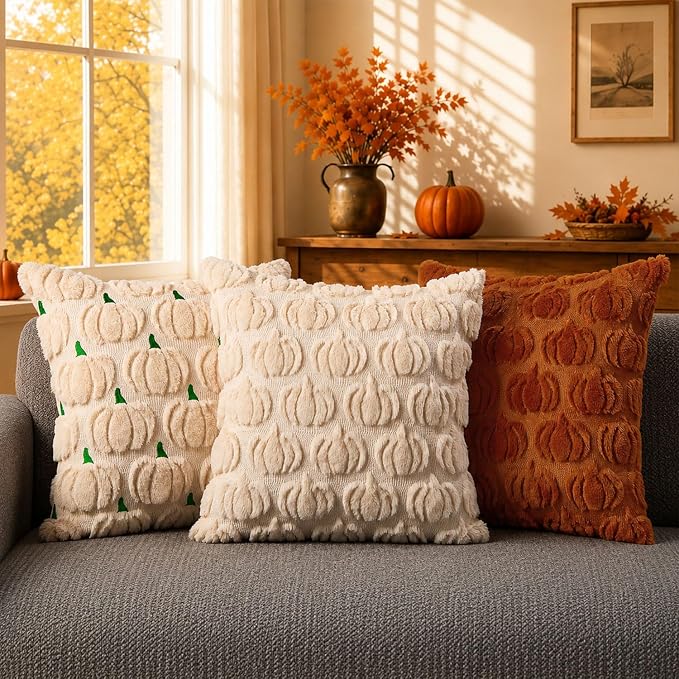 DFXSZ Fall Pillow Covers 22x22 2Pcs Beige Pumpkin Fall Decorations for Home | Fall decor Set of 2 Throw Pillow Cases Soft Plush Faux Fur Wool Couch Cushion for Chair Sofa Bedroom Living Room Home Decor