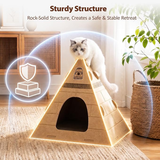 Cat Cave, Pyramid Felt Cat Scratch House for Indoor Cats | Scratch-Resistant & Foldable Cat House, Calming Kitten Sleeping Hideaway, Pharaoh Headdress Included, 17x17x20 inch