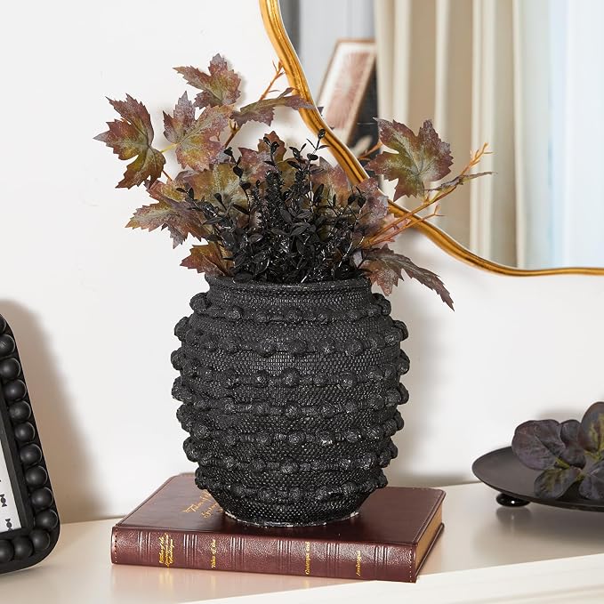 DN DECONATION Rustic Farmhouse Vase, Textured Boho Vase for Home Decor | Black, 8.6 Inch, Cement Decorative Flower Vases with Rope Knots for Living Room, Table Centerpiece, Shelf, Mantel Decoration