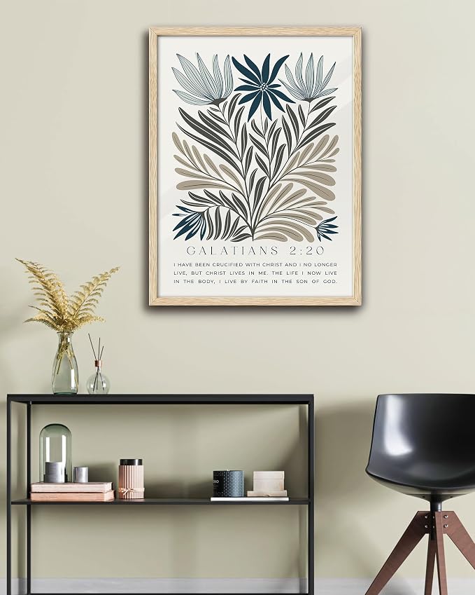 EcoHest 16x20 in Galatians 2:20 Botanical Floral Framed Christian Wall Art | Solid Oak Wood Frame with Canvas Wall Art, Nature Scripture Bible Verse Decor for Bedroom, Living Room, Office, Church, 1Pack