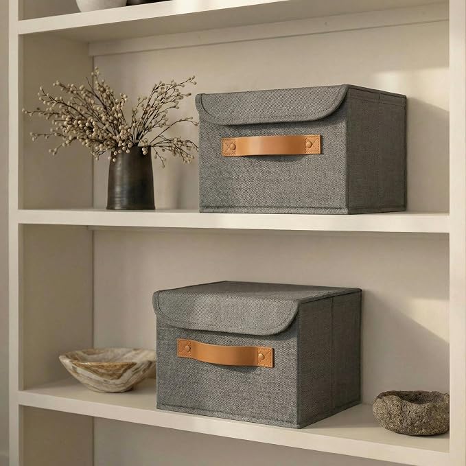 Decorative Linen Storage Boxes with Lids - Spacious Set of 2 Organizer Bins | The Perfect Small Container for Home Decor - Safely Store Photos, Documents and Memory Box Keepsakes in Style