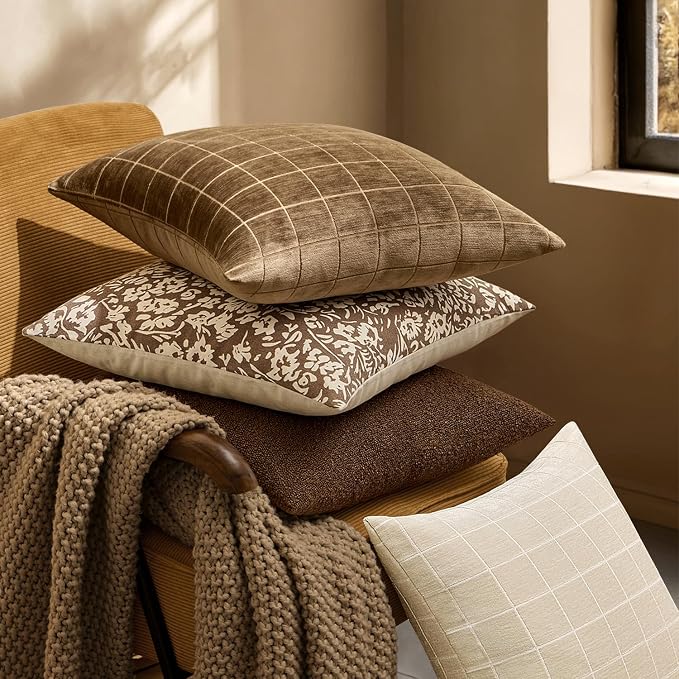 MIULEE Toffee Plaid Decorative Fall Euro Throw Pillow Covers 22x22 Set of 2 | Vintage, Check Chenille Couch Pillows, Boho Farmhouse Cushion Covers, Modern Home Decor for Sofa Bed Living Room