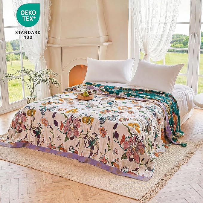 MSGKV Boho Throw Blanket 50"x60" 100% Cotton Butterfly Floral Blanket Couch | Muslin Throw, Butterfly Floral Pattern, Reversible Woven, Lightweight Comfort, Farmhouse Decor, All Seasons, Machine Washable