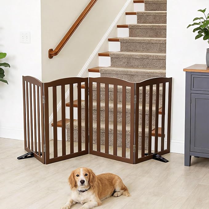 ZJSF Foldable Freestanding Indoor Dog Gate for House Wood Long Pet Gates Dog Fence for Stairs Puppy Gates for Hallways, Puppy Gate,Support Feet Included, Brown, 32 "Height-4 Panels