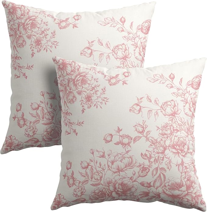 Kawani Pink White Floral Pillow Covers Set of 2, 20x20 Inch Vintage Chinoiserie Flowers Cotton Linen Square Cushion Pillowcases for Sofa Bed Couch Living Room Bedroom Patio Outdoor Decor