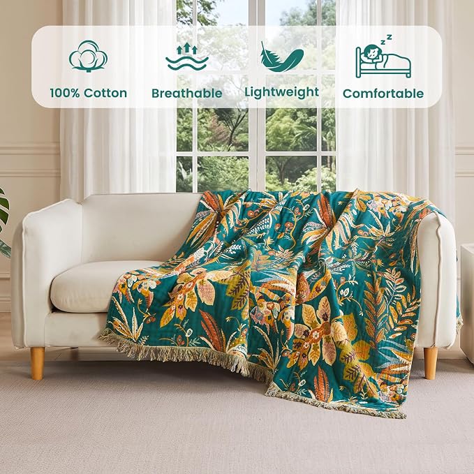 MSGKV Boho Throw Blanket 60"x80" 100% Cotton Floral Muslin Blanket for Sofa | 100% Cotton Muslin, Twin Size Throw Blanket, Floral Home Accent, Soft & Breathable, Lightweight Comfort, Machine Washable