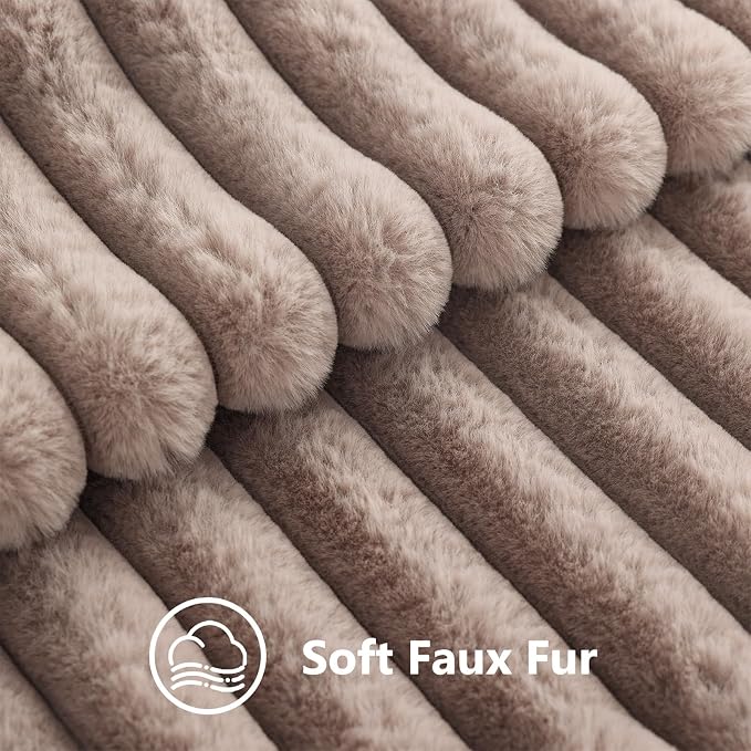 decorUhome Fall Faux Fur Throw Pillow Covers 24x24 Set of 2 Light Coffee | Decorative Soft Cozy Striped Plush Modern Farmhouse Boho Couch Pillow Cases Velvet Back for Sofa Bed Living Room Home Decor