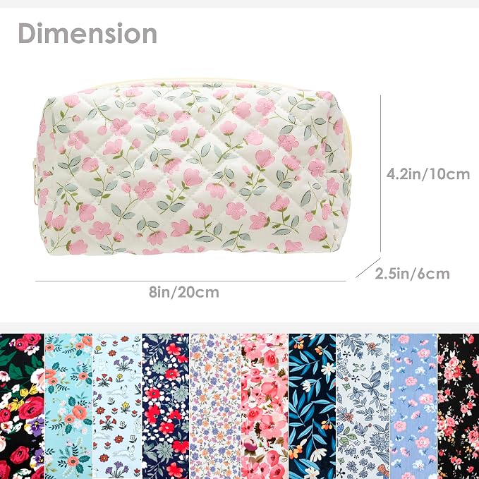 PAZIMIIK Small Quilted Makeup Bag,Zipper Cosmetic Pouch,Floral Pink,6 Pack | Lightweight Cosmetic Bag Organizer for Women,Purse Storage Holds Makeup,Toiletries,Skincare,Beauty Essentials,Travel Items
