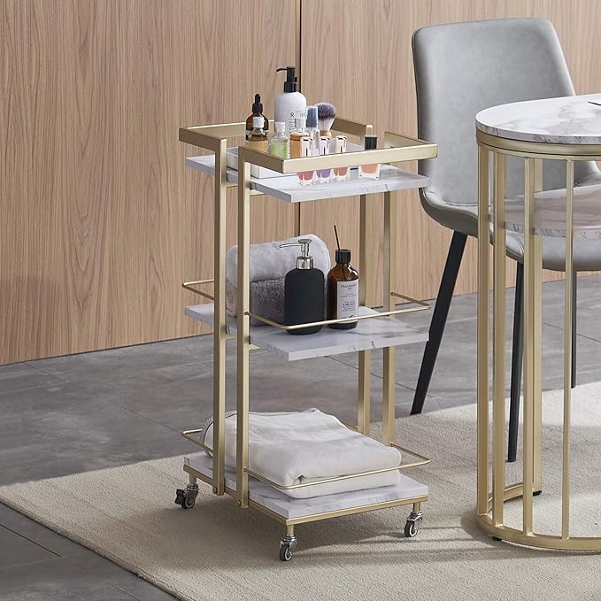 BarberPub Utility Salon Trolley, Metal Storage Rolling Barber Trolley with Wheels, Golden Esthetician Cart, Multi-Purpose 3-Tier Mobile Facial Trolley, Nail Cart 2033 (White)