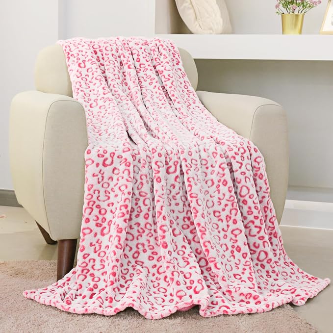 Flannel Fleece Leopard Print Throw Blanket Super Soft Lightweight Fluffy Throw for Couch, 90"X90",Hot Pink