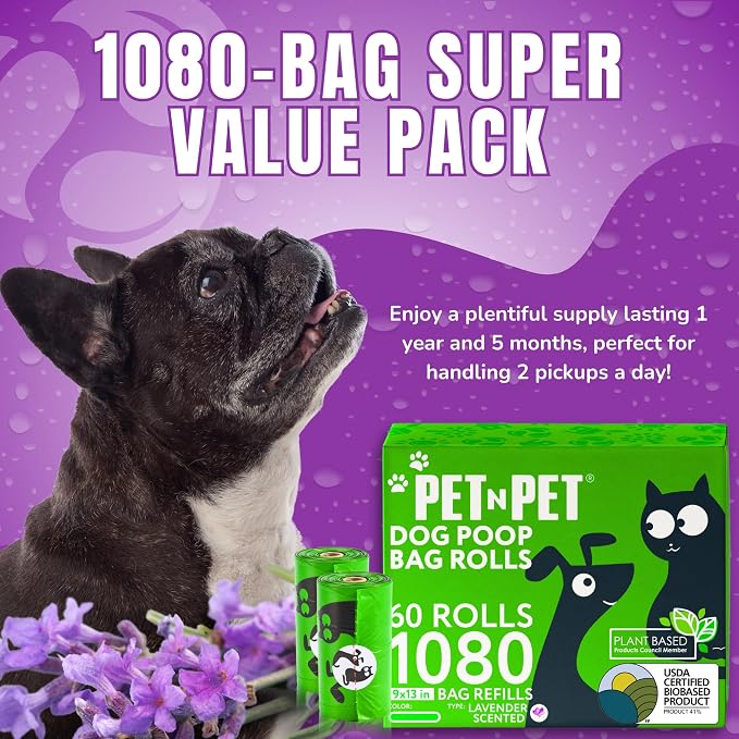 Pet N Pet Doggie Poop Bags, 1080 Count, Lavender Scented Waste Roll Refills | Green, Dogs, 41% Plant Based, 59% PE, Extra Thick, 9 x 13, Leak-Proof, Tear-Resistant, Easy-Tear Design, dog waste bags