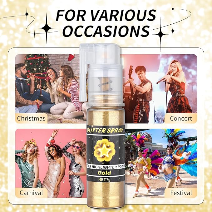 Gold Body Glitter Spray, Shiny Glitter Spray for Hair Body and Clothes, Long-Lasting Sparkle, Holographic Ultra Fine Shimmer Powder Glitter Hairspray for Rave Prom Makeup Halloween Crafts