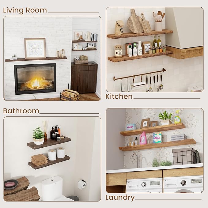 Floating Shelves for Wall Decor, Rustic Solid Elm Wood Live Edge Floating Shelves Wall Mounted, Wall Shelves with Invisible Bracket for Living Room Bathroom Bedroom Kitchen, 40 Inch Set of 1, Natural