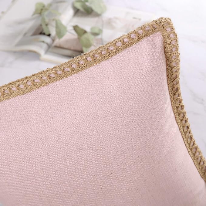 Phantoscope Pack of 2 Farmhouse Decorative Throw Pillow Covers Burlap Linen Trimmed Tailored Edges Light Pink 20 x 20 inches, 50 x 50 cm