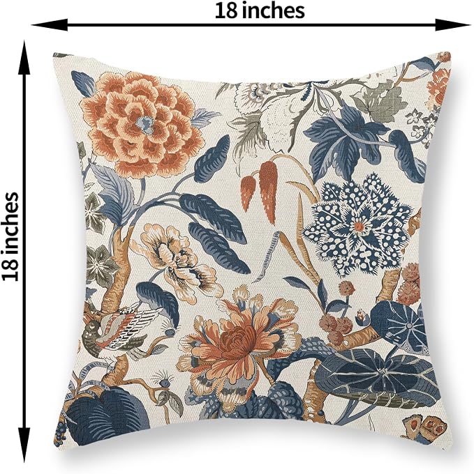 Navy Blue Orange Pillow Covers 18x18 Inch Set of 2 Vintage Blue Floral Throw Pillows Chinoiserie Flower Decorative Pillow Case Outdoor Linen Farmhouse Cushion Cover for Couch Sofa Decorations