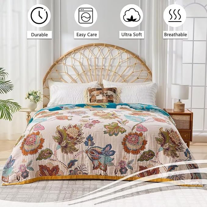 Boho Throw Blanket Farmhouse Decor Throw Blanket Bohemian Blanket for Bed 100% Cotton Muslin Woven Couch Blanket All Seasons Quilt Bedroom (B-Beige, 50"x60")