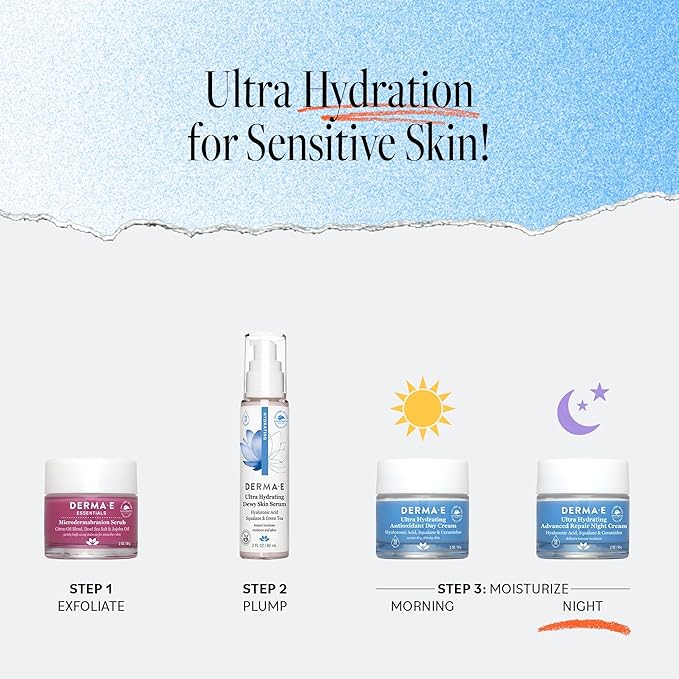Derma E Ultra Hydrating Night Cream, Advanced Repair Overnight Face Moisturizer with Hyaluronic Acid to Replenish, Smooth and Nourish Skin, 2 oz