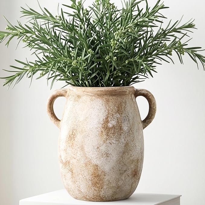 Ceramic Flower Vase with Handles, 7.9in Farmhouse Table Rustic Vases, Waterproof Pottery Clay, Flower Terracotta Vases for Home Decor, Living Room,Table, Handcrafted (Terracotta)