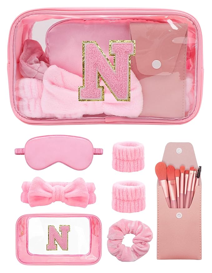 Gift Sets for Women, Initial Makeup Bag with Makeup Brush Set Bachelorette Party Favors, Pink Spa Kit with Skincare Headbands Wrist Bands Sleepover Party Supplies Gifts for Teen Girls Bridesmaid N