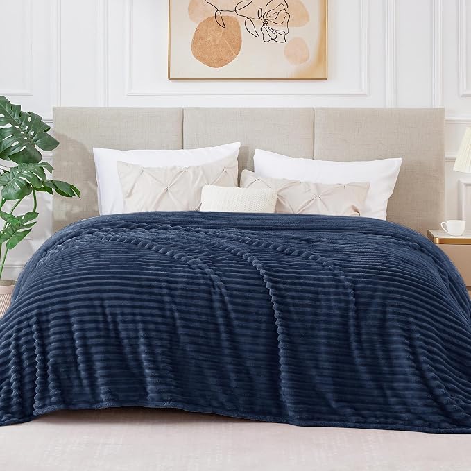 BEDELITE 3D Ribbed Jacquard Navy King Size Blankets for Bed, 108x90 Inch | Soft Warm Decorative Fluffy Blanket, Cozy Fuzzy Lightweight Plush Fleece Throw Blankets for Bed, Room Decor, Gift for Women