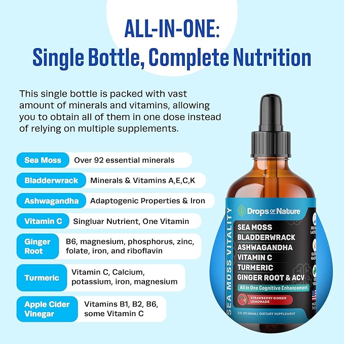 Ashwagandha & Turmeric Liquid Drops - Vitamin C, Sea Moss, Apple Cider Vinegar, Bladderwrack - Vegan Liquid Drops for Comprehensive Wellness Support & Vital Immunity (Strawberry Ginger Lemonade, 60mL)
