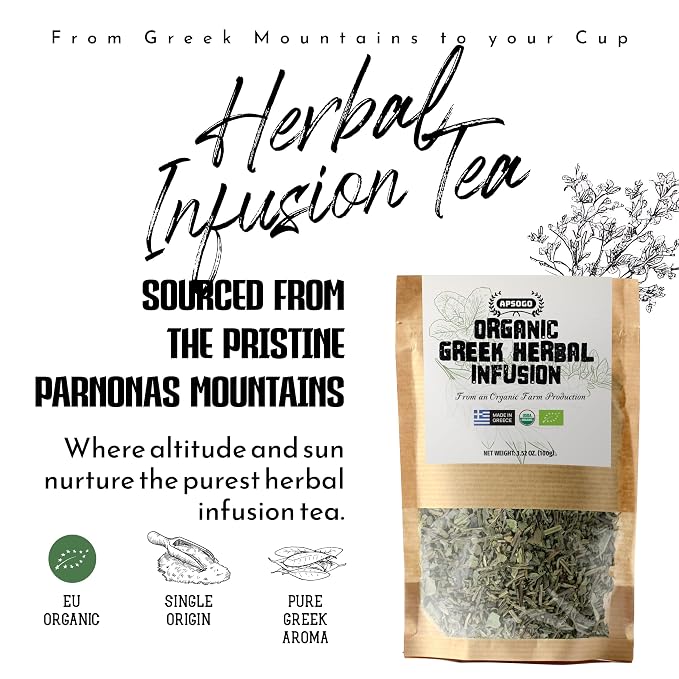 APSOGO Organic Herbal Tea Loose Leaf - Greek Mountain Tea Blend with Sage, Lemon Balm & Dittany - Caffeine Free Herbal Tea - Loose Leaf Herbal Tea from Greece - 3.52oz