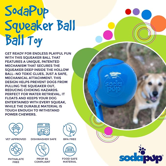 SodaPup Squeaker Ball – Durable Dog Ball Toy, Chew Toy & Floating Retrieving Toy with Squeaker Made in USA from Non-Toxic, Pet-Safe, Food Safe Rubber Material for Bonding, Physical Exercise, & More