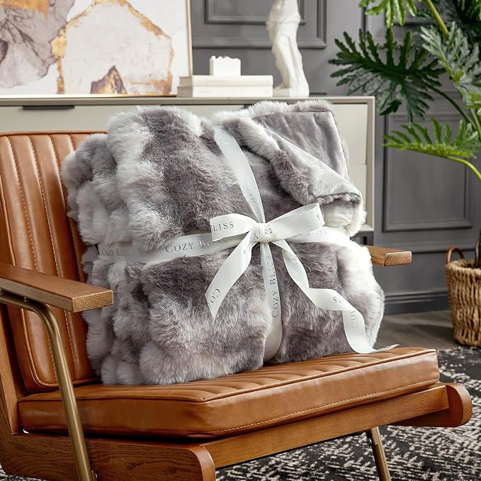 Cozy Bliss Faux Fur Throw Blanket for Bed King Size, Fuzzy Soft Plush Thick Bubble Blanket for Sofa Bedroom Living Room, 108 * 90 Inches Tie Dye Taupe