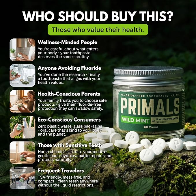 PRIMALS Fluoride-Free Toothpaste Tablets - Nano Hydroxyapatite - Zero Artificial Flavors or Plastic - Remineralizes & Whitens Teeth - 60 Count (1 Month Supply)
