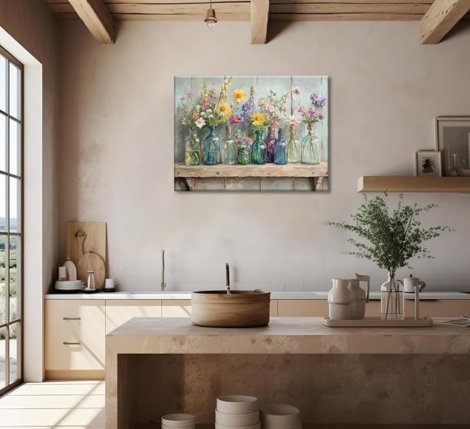 Farmhouse Flower Canvas Wall Art Wildflowers Bottles Wall Decor Rustic Plants Flowers Poster Print Artwork for Bathroom Living Room Bedroom Study Room Home Decoration