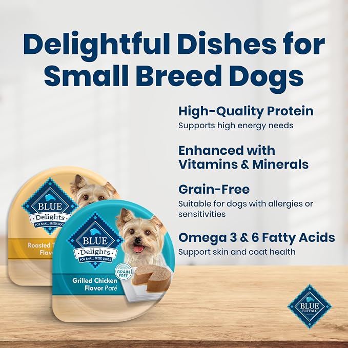 Blue Buffalo Delights Variety Pack Small Breed Wet Dog Food, 3.5 oz, 12 ct | Roasted Turkey & Grilled Chicken (6 of Each), Grain-Free, Pate Style, No Corn, Wheat, or Soy