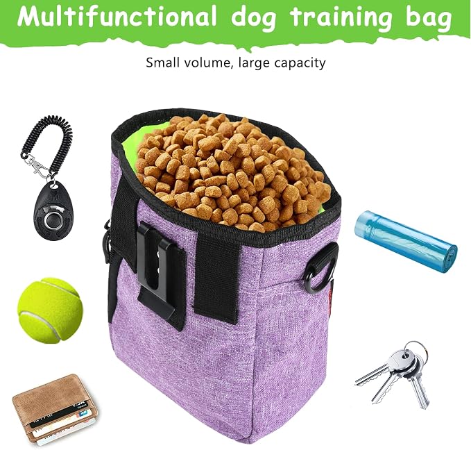 kissleaf Dog Treat Pouch, Magnetic Closure, Dog Clicker- Purple