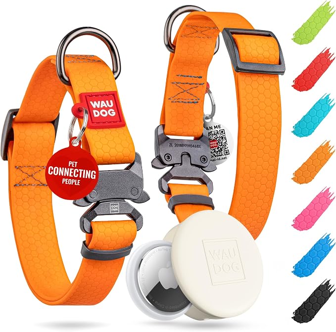 WAUDOG Waterproof Dog Collar Airtag Holder QR Tag Small Medium Large Dogs | Water and Dirt Resistant, Quick Dry QR Pet Tag Adjustable Durable Comfort for Male and Female Dogs Outdoor Walking Training
