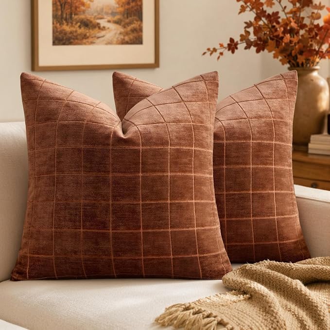 MIULEE Fall Burnt Orange Plaid Euro Throw Pillow Covers 24x24 Set of 2 | Vintage, Check Chenille Couch Pillows, Neutral Boho Farmhouse Cushion Covers, Modern Home Decor for Sofa Bed Living Room