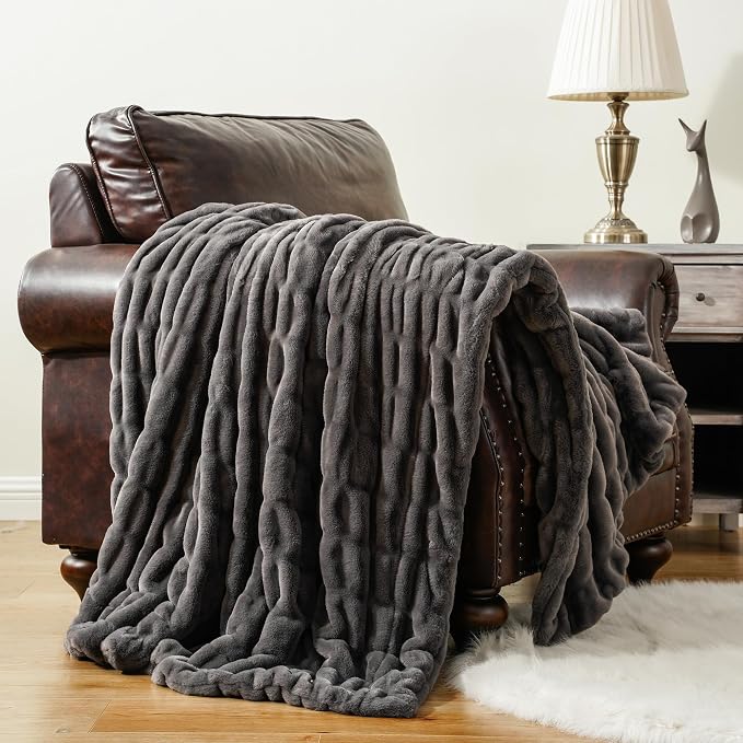BATTILO Grey Faux Fur Throw Blanket for Couch, 60"x80", Double Side | Luxury Large Minky Couture Blanket, Premium Silky Cozy Warm Soft Fluffy Faux Fur Blanket For Bed, Sofa Living Room