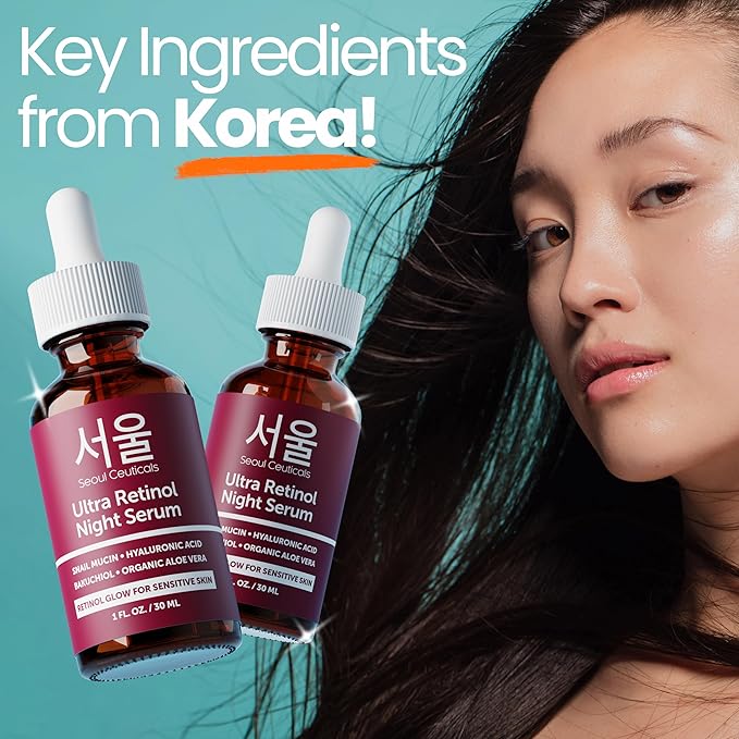 SeoulCeuticals 1% Korean Retinol Night Serum for Face - 97.5% Snail Mucin + Hyaluronic Acid + Bakuchiol, Cruelty Free K Beauty for Sensitive Skin 1oz (Pack of 2)