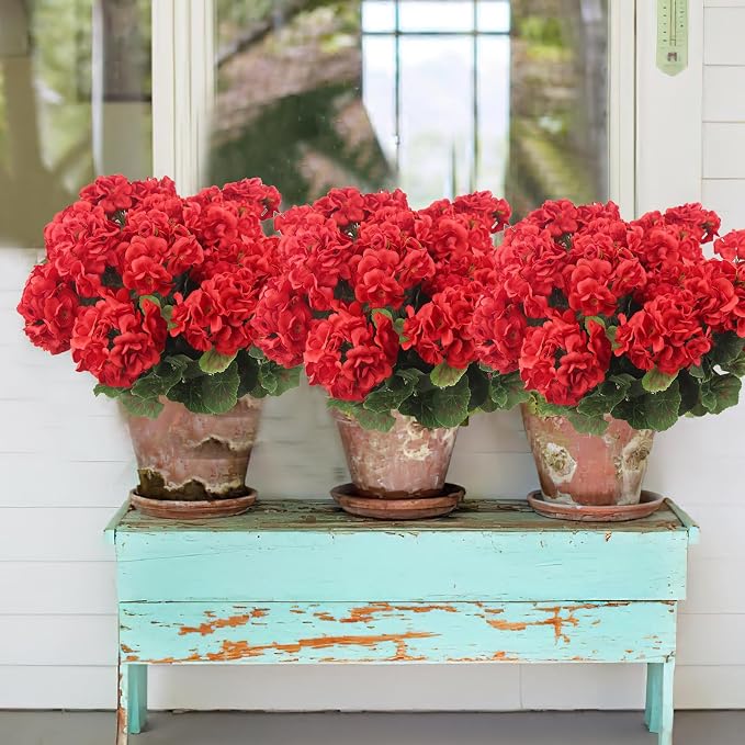 CISDUEO 4 Pcs Artificial Geraniums for Outdoors Silk Flowers Outside Red | Faux Flowers Geraniums for Outdoor Planter Floral Home Decor Indoor Garden Patio Grave Cemetary Vase Table Centerpiece