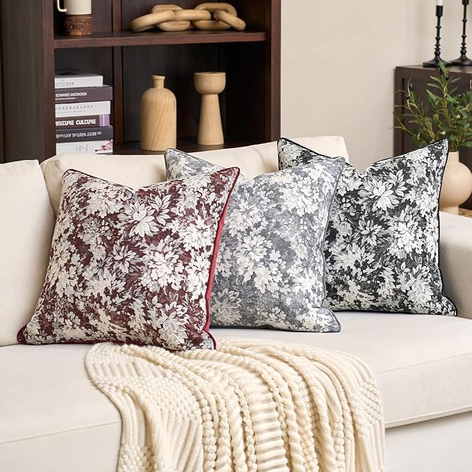 Alerfa Black Neutral Floral Pillow Cover 18 x 18 Inch, Vintage Chenille Square Couch Pillow Cover Soft Decorative Farmhouse Accent Pillowcase for Living Room Bedroom