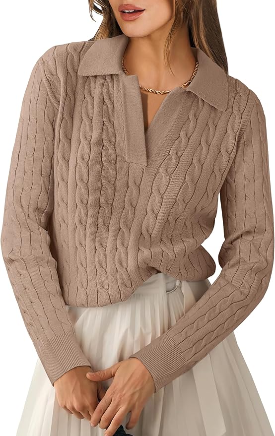 ANRABESS Womens Cable Knit Sweaters Long Sleeve V Neck | Pullover Collared Sweater Tops, Polo Knit Shirts, Business Casual Work, Tennis Golf, Fall Winter Fashion Outfits
