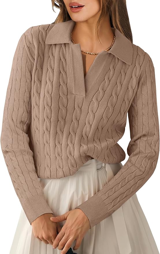 ANRABESS Womens Cable Knit Sweaters Long Sleeve V Neck | Pullover Collared Sweater Tops, Polo Knit Shirts, Business Casual Work, Tennis Golf, Fall Winter Fashion Outfits