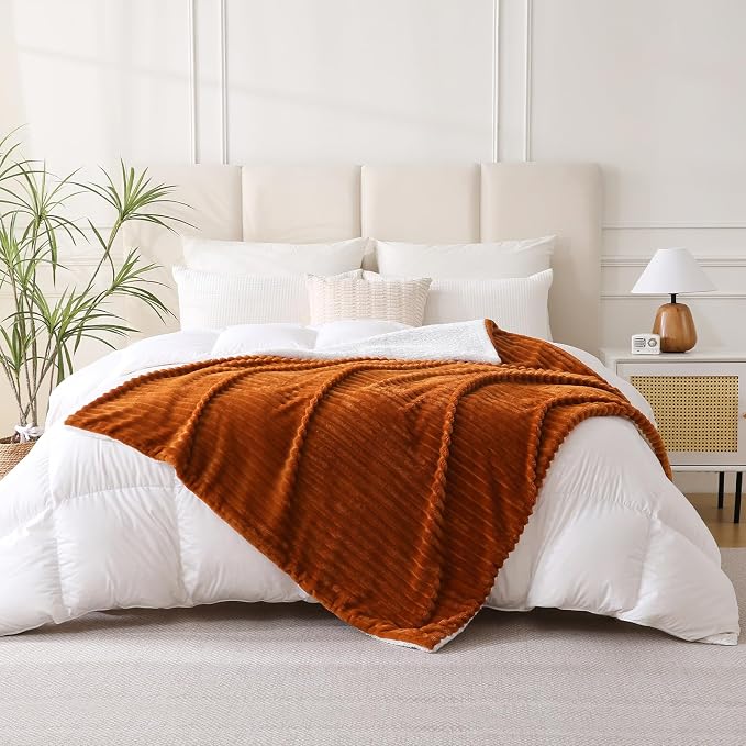 Burnt Orange Sherpa Fleece Throw Blanket 108”×90”for Couch Sofa | Double Side Soft Fuzzy Cozy Plush Thick Flannel Blanket with Striped Design Gift for Adults,Woman
