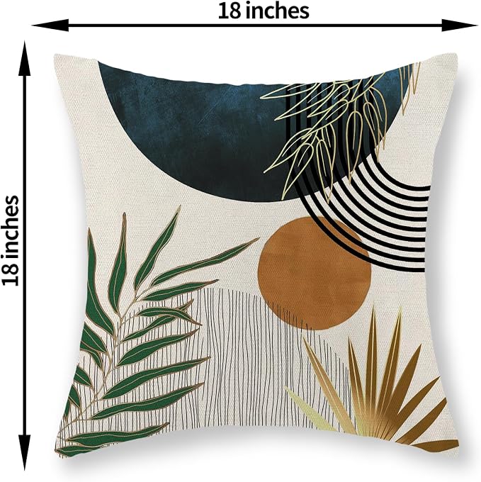 Boho Pillow Covers 18x18 Set of 2 Green Gold Navy Blue Throw Pillows Tropical Leaves Sunset Decor Modern Mid Century Pillowcase Outdoor Decorations Bohemian Linen Cushion Case for Couch Sofa