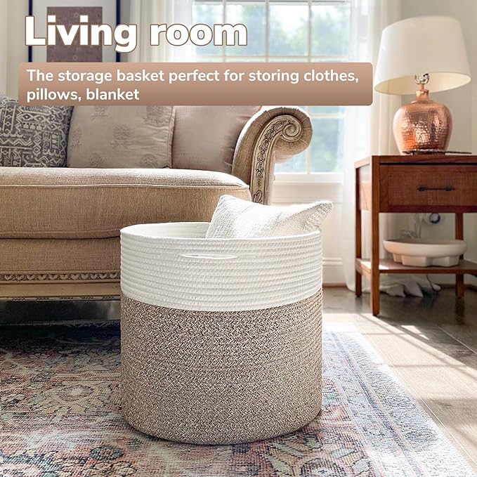 Goodpick Woven Rope Basket for Blankets, Storage Basket for Toys, 45L | 15.8 x 15.8 x 13.8 In Baby Toy Storage Basket for Nursery, Blanket Basket Living Room, Laundry Basket for Towels, Bin,Mele