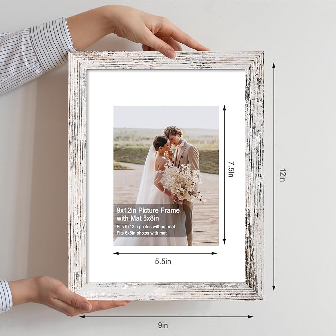 Hongkee 9x12 Picture Frame Set of 4, Made of Glass and Distressed White Wooden Frame - Display Picture 6x8 with Mat or 9 x 12 Without Mat, 9 by 12 Photo for Wall or Tabletop