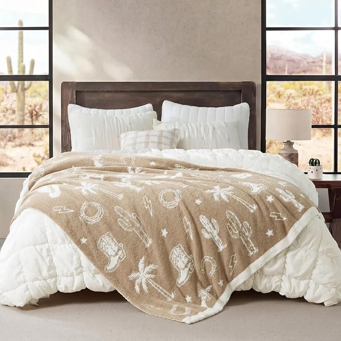 Snuggle Sac Ultra Soft Western Blanket Twin Size - Oversized Reversible Beige Cowgirl Bedding Blanket, Western Pattern Throw Blankets for Bed, Sofa, Couch, 60x80 inches