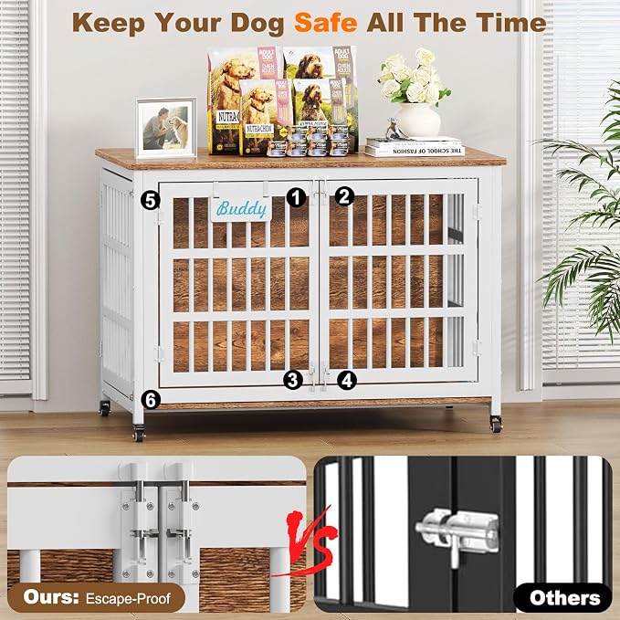 EasyCom 46"/42"/33" XXL Heavy Duty Dog Crate Furniture with Casters | Dog Kennel Indoor with Name Tag, Escape-Proof and Chew-Proof Dog Cage for Large High Anxiety Dog, as End Table