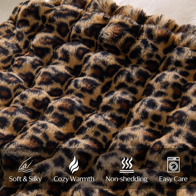 DOWNCOOL Large Faux Rabbit Fur Throw Blanket, Soft Fluffy Fuzzy Plush Bubble Blanket for Couch Sofa & Bed, Cozy Warm Luxury Fleece Minky Blanket, 90x90 Inches Leopard Print