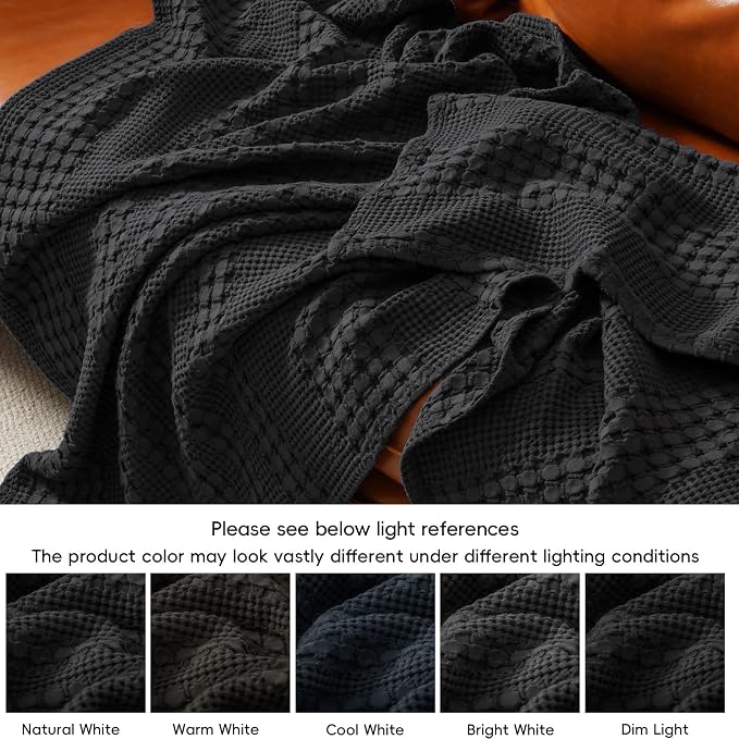 PHF 100% Cotton Waffle Blanket Twin Size, Lightweight Breathable Summer Blanket for Hot Sleepers, Pre-Washed Soft Layer for Bed, Dorm, Couch & Guest Room, Home Decor Gift, 66"x90", Black