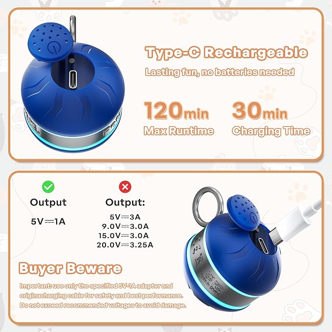 Speedy 2.0 Tail Interactive Cat Toys for Bored Indoor Adult Cats,Rechargeable Automatic Cat Toy Balls Self Moving Chirping,Electric Cat Ball Toy for Smart Kitten Enrichment Exercise Essentials(Blue)